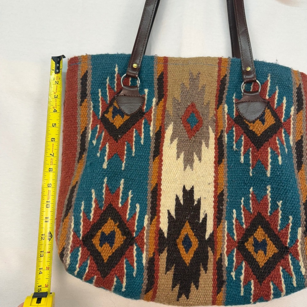 El Paso Saddleblanket Co Southwestern Wool Tote Bag Teal Rust Geometric Zipper - Picture 7 of 8